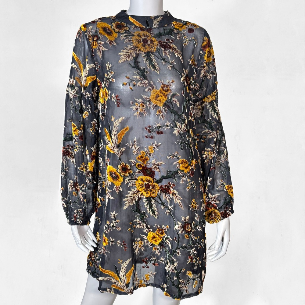 Dark Floral Velvet Burnout Sheer Long Sleeve Mini Dress Womens M Boho Whimsygoth